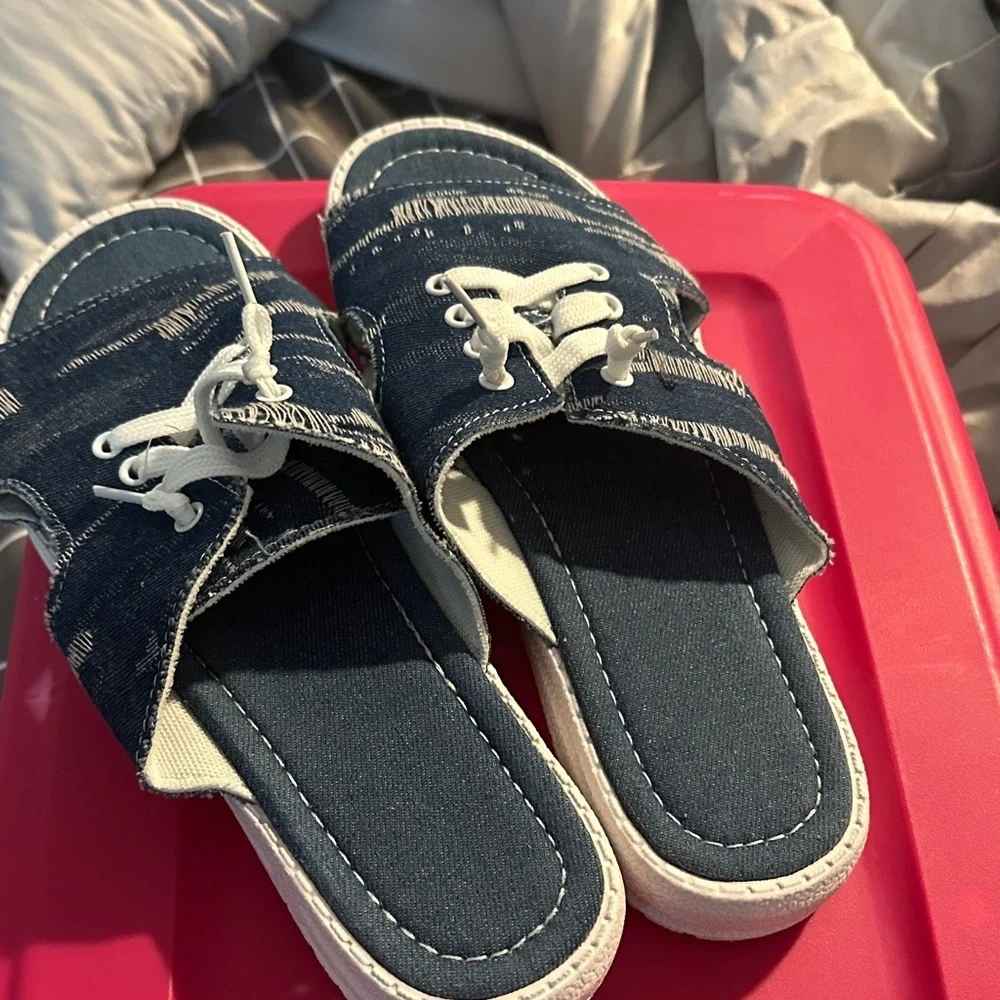 Denim Slide Sandals with White Laces - Picture 2 of 3
